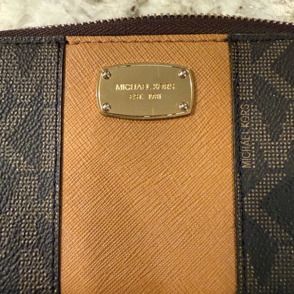 Michael Kors Brown and Tan Logo Zip Wristlet Wallet - Picture 3 of 5